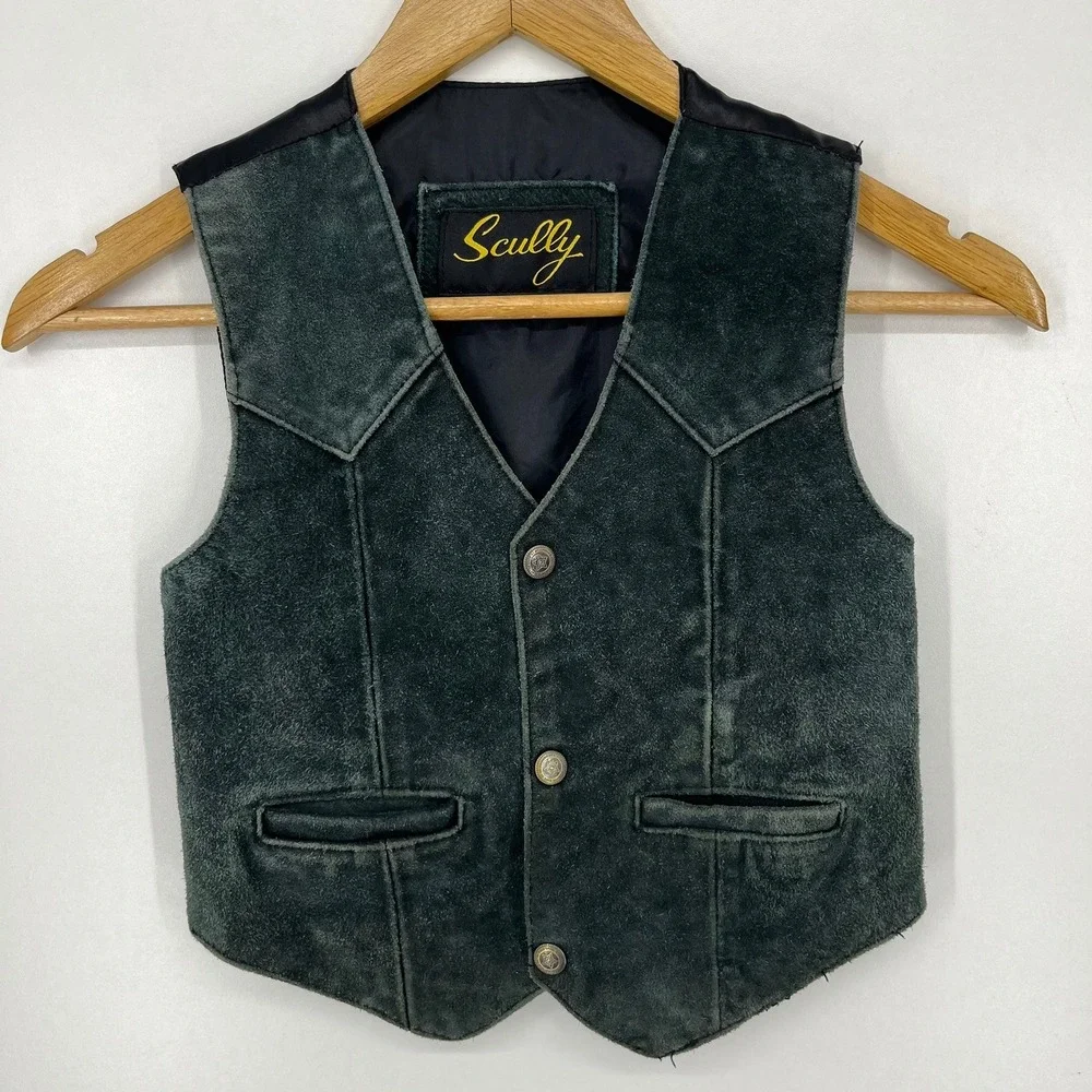 Scully Kids Green Suede Leather Western Vest Silver Tone Button Snap Size S